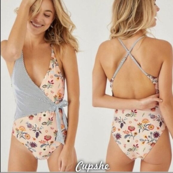 CupShe NEW Boho Floral Striped Wrap Swim One Piece Bathing Suit Size S - Picture 3 of 11
